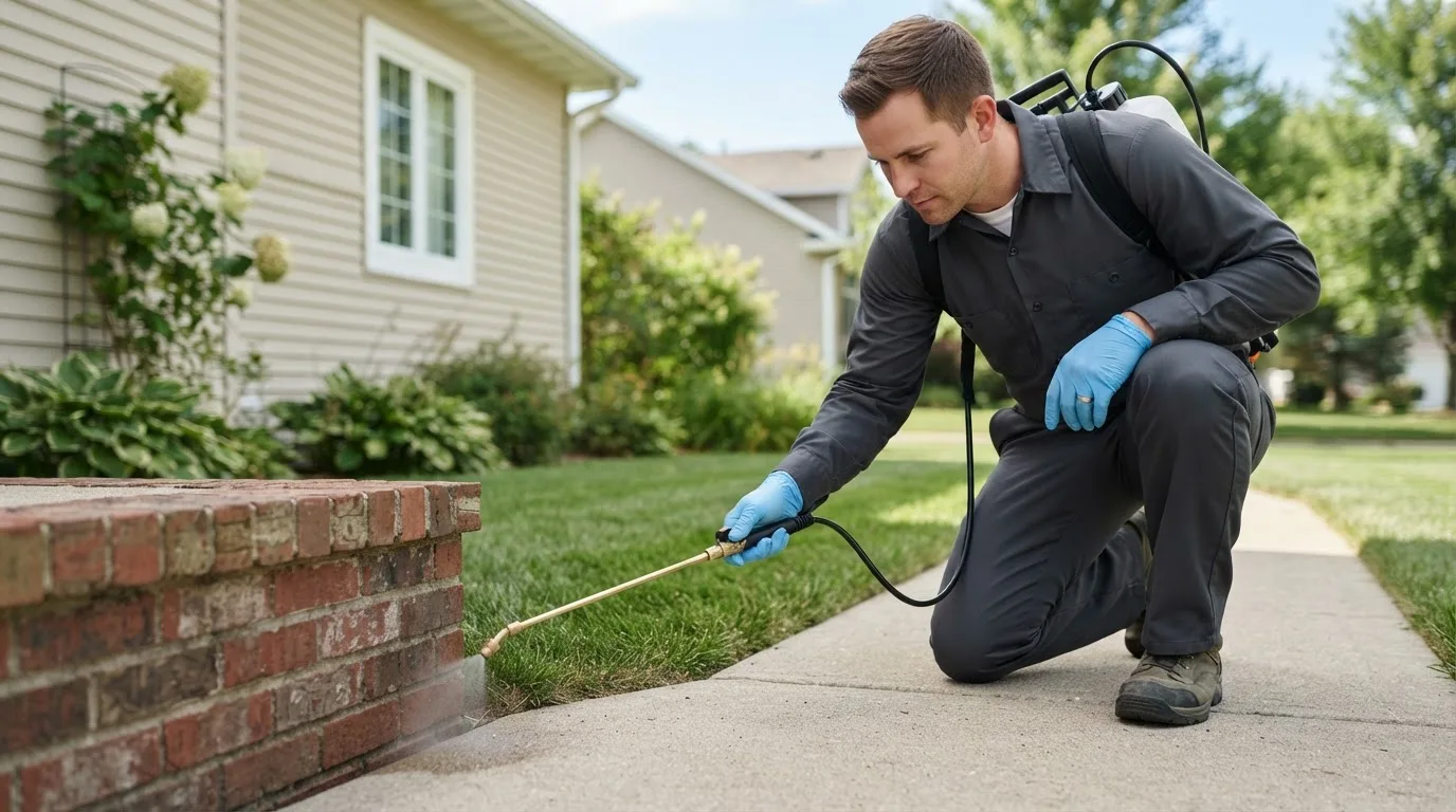 Pest control technician treating a home near Elberon, IA