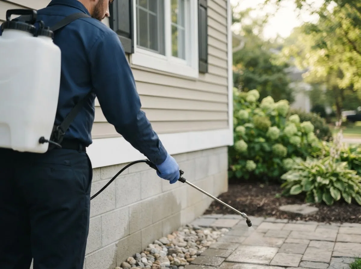 Pest control technician inspecting a home in Elberon, IA